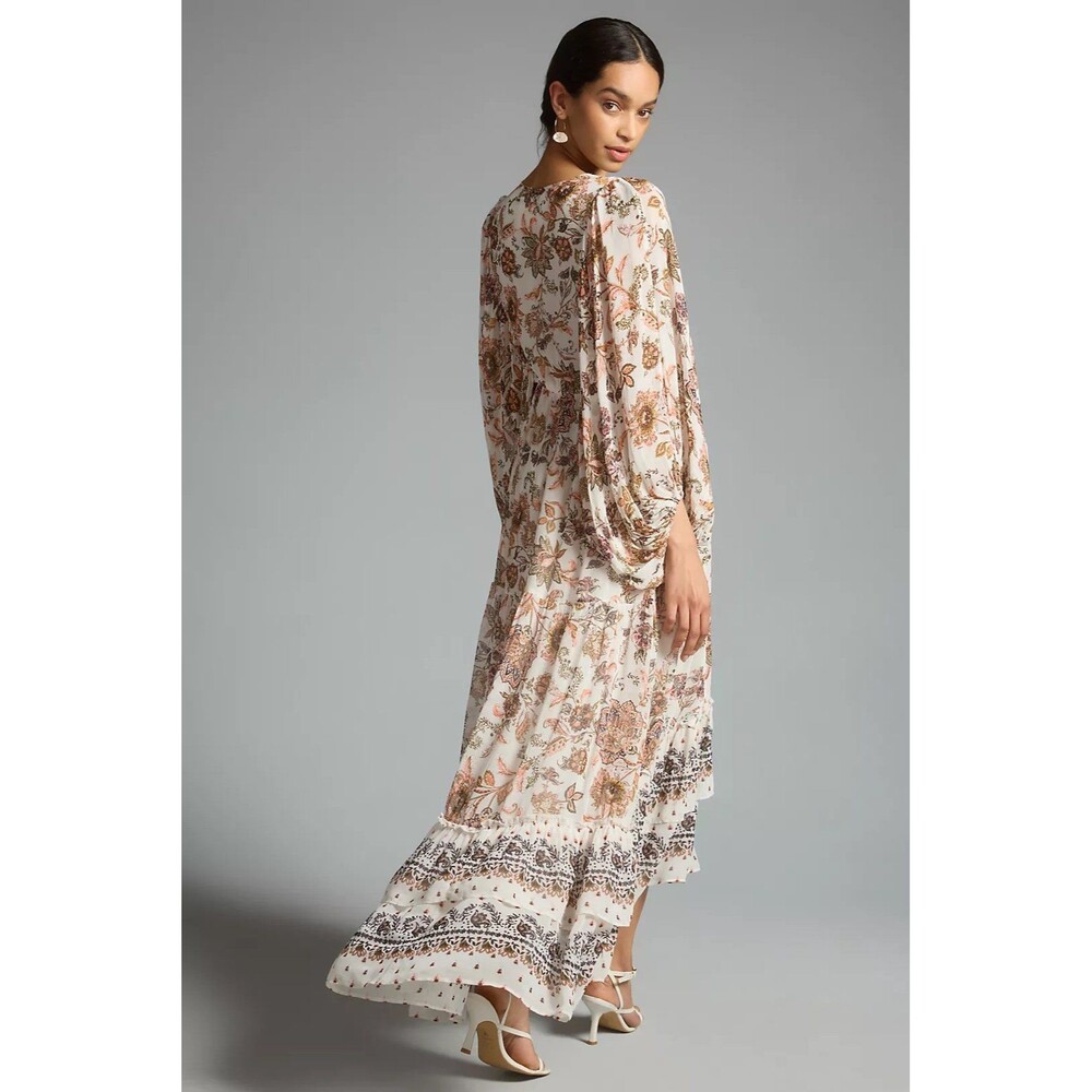 Anthropologie Pink and Tan Smocked Maxi Dress with Bishop Sleeves - Picture 2 of 8